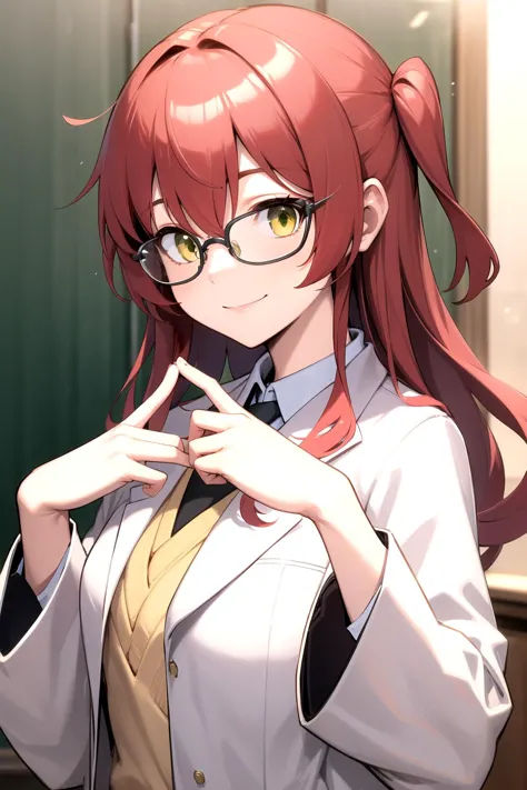 anime girl with red hair and glasses posing for a picture