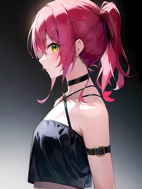 anime girl with pink hair and black top with ponytail