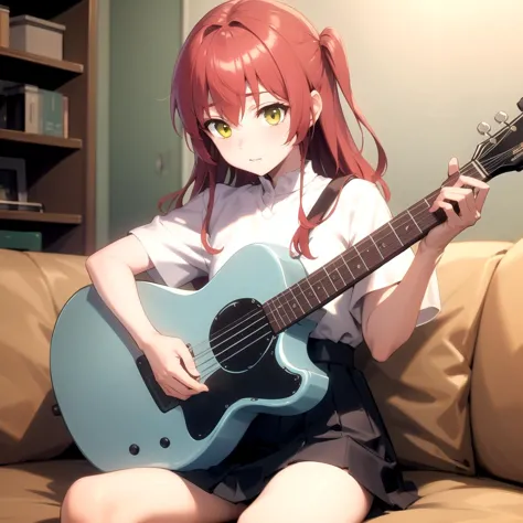 anime girl with red hair playing guitar on couch in living room