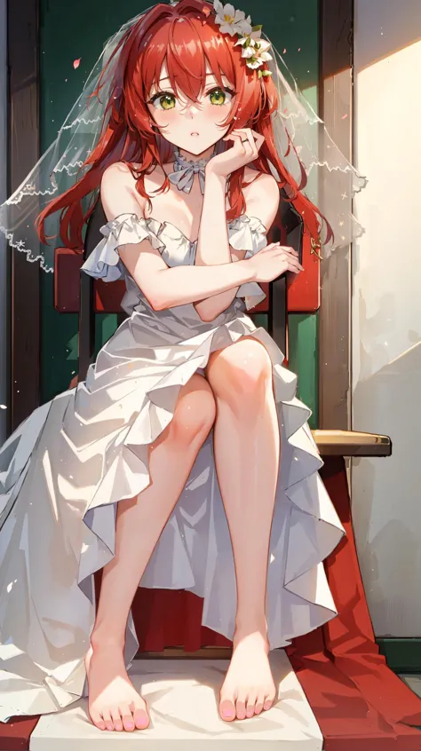 anime - style image of a woman in a wedding dress sitting on a bench