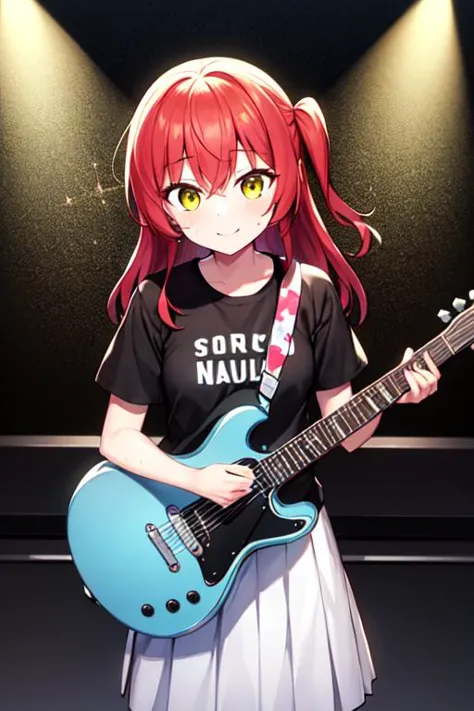 anime girl with red hair holding a blue guitar in front of a spotlight