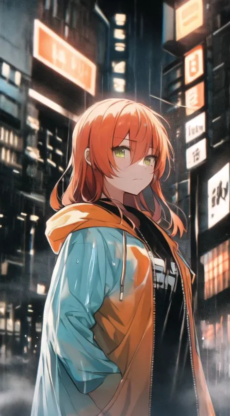 a woman in a yellow jacket standing in front of a city