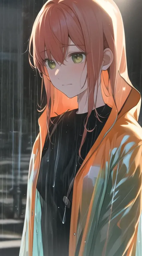 anime girl in raincoat standing in the rain with her eyes closed