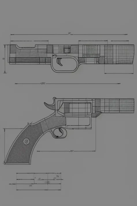 detailed  techdraw of gun, a detailed drawing, arow line dimensions in mm,  soft smooth lighting, soft colors, 3d blender render  <lora:TechDrawV1:1>