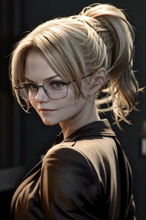 a close up of a woman with glasses and a jacket