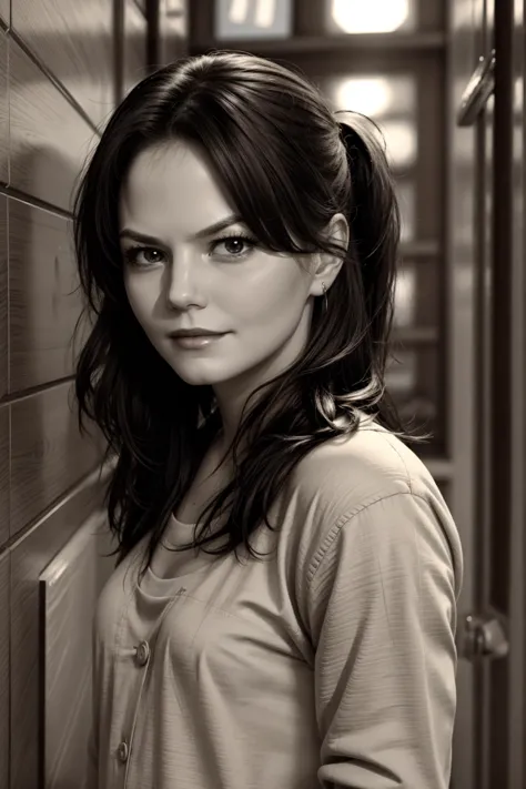 a close up of a woman standing in a hallway near a wall