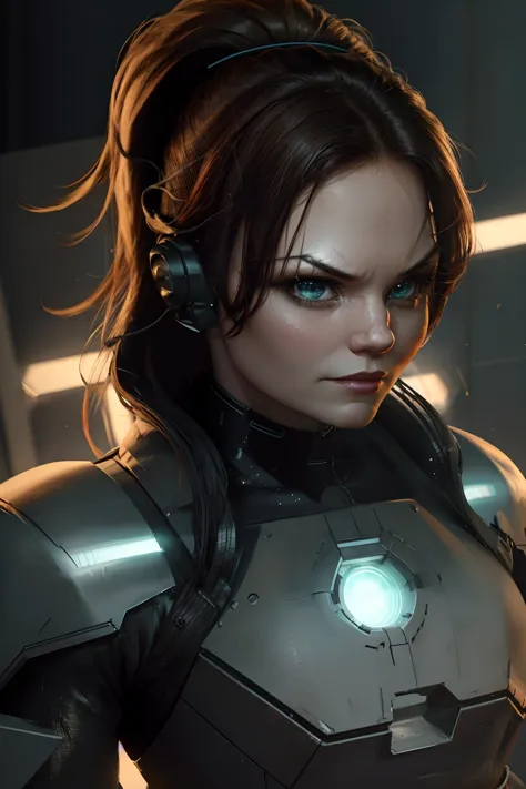 a woman in a futuristic suit with headphones and a glowing light