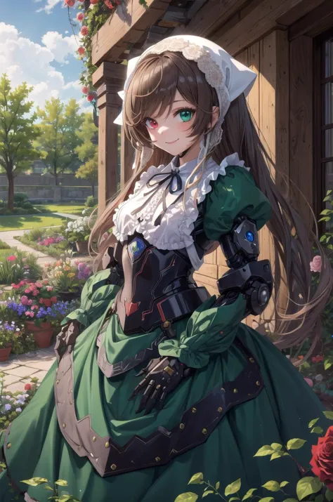(masterpiece,best quality, detailed), outdoors, garden, 1girl, solo, rose, cowboy shot, smile, looking to the side, suiseiseki, heterochromia, twin drills, green dress, neck ribbon, bonnet, head scarf,  full armor, mechanical parts, headgear, mecha, mecha musume