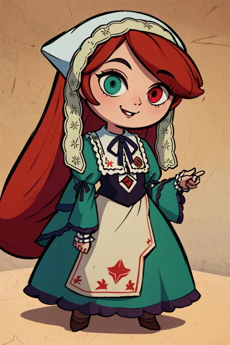 a cartoon girl with long red hair and a green dress