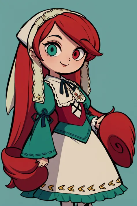 ((masterpiece,best quality)), absurdres,
 1girl, solo, standing, suiseiseki, heterochromia, twin drills, green dress, neck ribbon, bonnet, head scarf, red eye, green eye, 
smile, cowboy shot, <lora:SuiseisekiV1-000008:1>