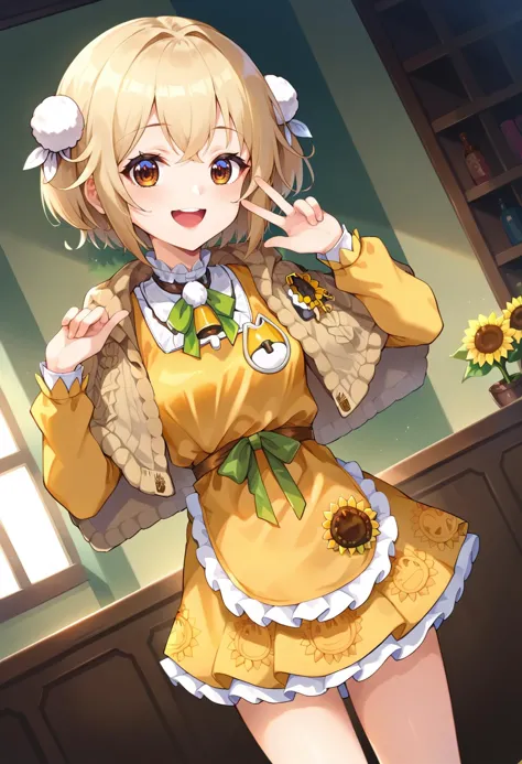 anime girl in yellow dress with sunflowers in background