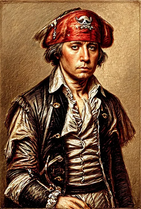 a painting of a man in a pirate costume with a red bandana