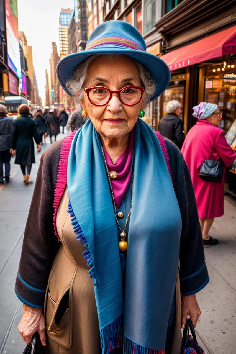 Wide angle photorealistic highly detailed 8k photography, (Wise old woman in vibrant New York street:1.2), Rule of thirds composition, Spectacles and shawl, (Wrinkled hands:1.2), Bustling city scene, Colorful storefronts, (Lifelike portrayal:1.3), Warm sunlight, Captivating realism