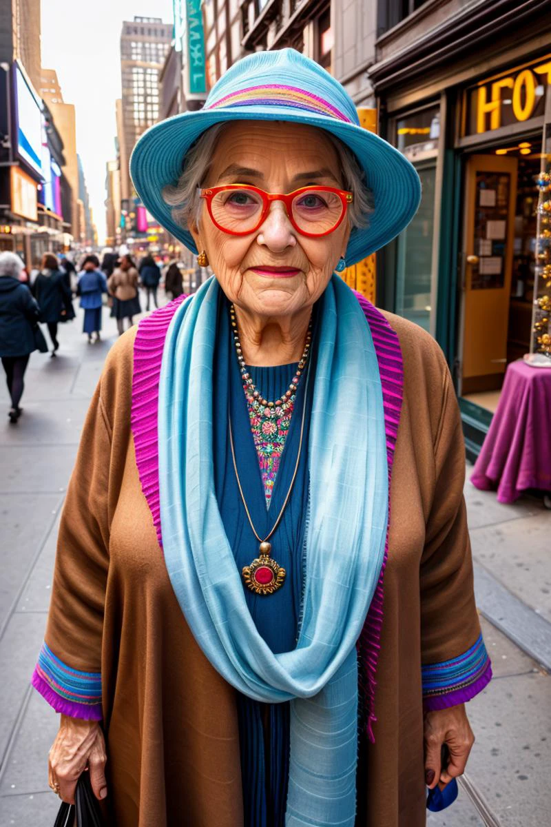 Fotorealistische, detailreiche Weitwinkel-8K-Fotografie, (Weise alte Frau in pulsierenden New Yorker Straße:1.2), Drittel-Regel Komposition, Brille und Schal, (faltige Hände:1.2), Lebhafte Stadtszene, Bunte Schaufenster, (lebensechte Darstellung:1.3), warmes Sonnenlicht, Faszinierender Realismus 