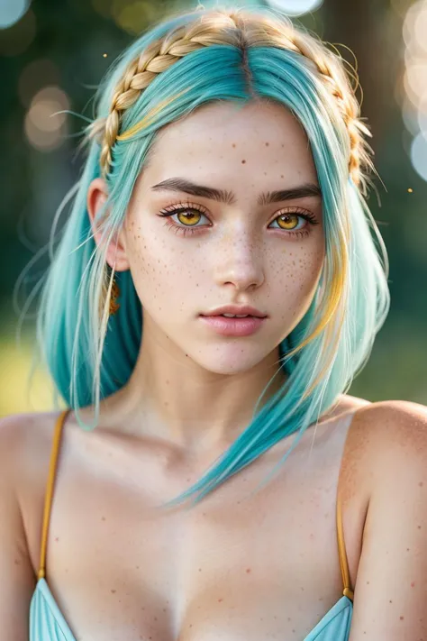 cinematic still anime artwork Medium format photo, (Young woman with cyan hair posing gently:1.2), Symmetrical balance, Soft fea...