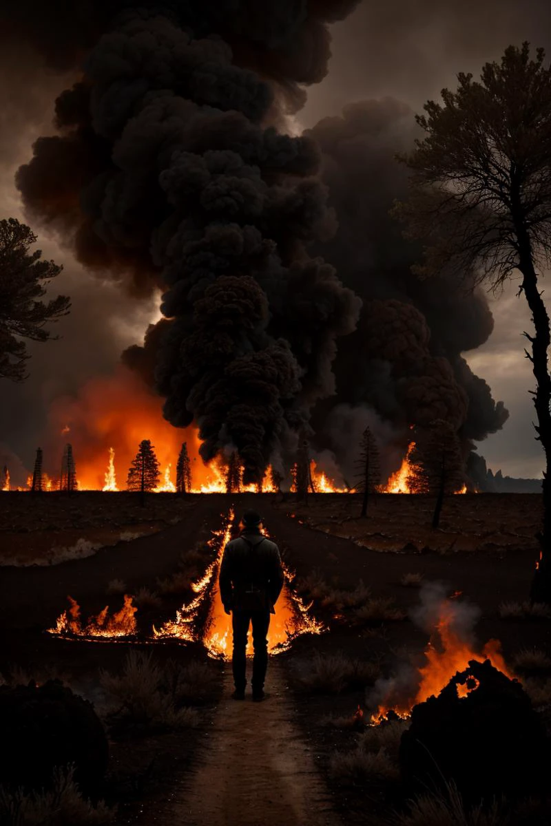 Medium long view photorealistic highly detailed 8k masterpiece, (Lone man in melancholy near burnt landscape:1.2), Symmetrical structure, Devastated woodland scene, Regretful stance, (Devastated terrain:1.3), Charred remains, Gloomy skies, Melancholic environment, Sorrowful countenance, (Intense sorrow:1.3)