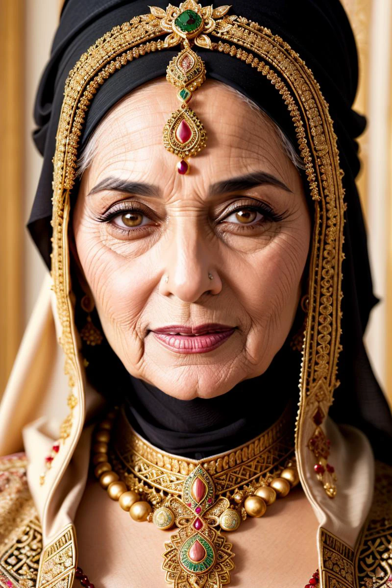 Close-up hyper-realistic portrait painting, (Sophisticated 70-year-old Arabic female with hejab and ornate jewelry:1.3), Harmony in composition, Expressive warmth, Elegance personified, (Detailed skin and eyes:1.2), Complementary background, Embellished dress, Intricate jewelry, Graceful aura, High-resolution precision
