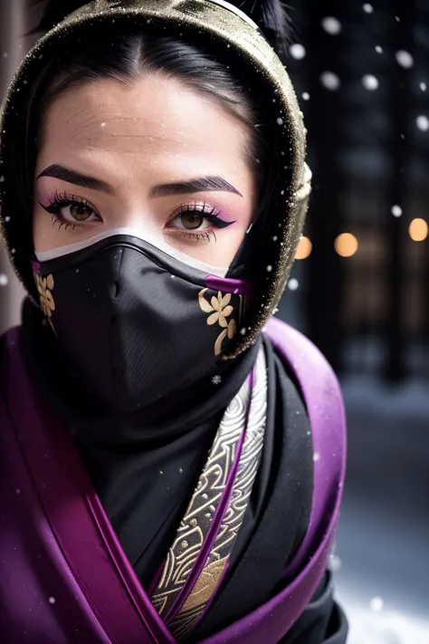 (crouched Masked kunoichi ninja disappearing into shadows:1.3), Snow-covered streets, Elaborate gold accents, Dark eyeliner, (Su...