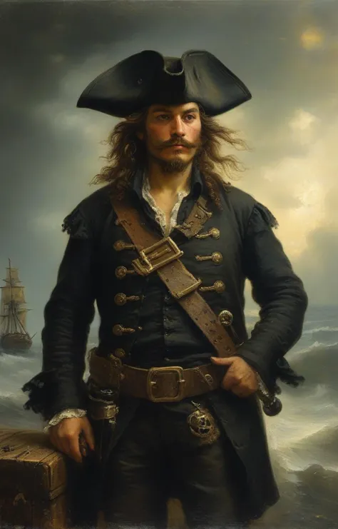 masterpiece,best quality,<lora:tbh102-sdxl:0.6>,oil painting,illustration,portrait of pirate,style of Andreas Achenbach,