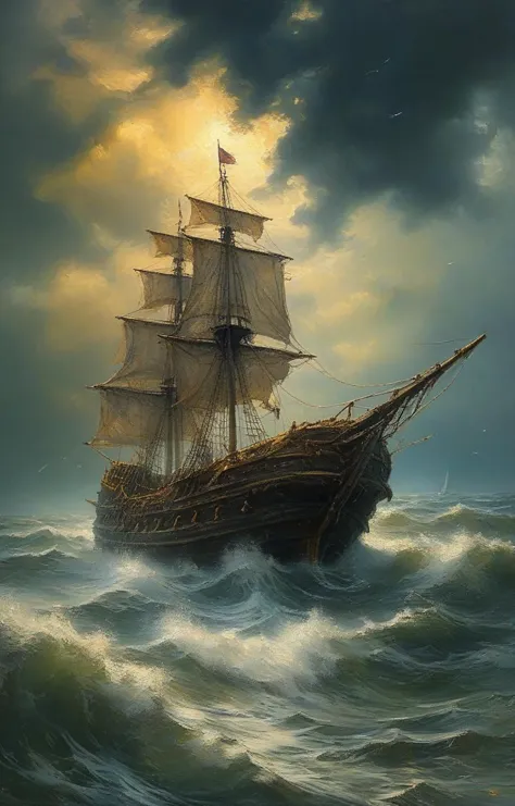 masterpiece,best quality,<lora:tbh102-sdxl:0.6>,Pirate ship in middle of bad weather , detailed oil painting, unreal 5 render, r...