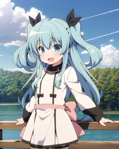 1girl, solo, smile, open mouth, blush, looking at viewer, outdoors,  lake, 
 <lora:Noel:0.6>, (noel, ribbon, bangs,  hair between eyes, bow, aqua hair), 
dress, white dress, long sleeves, thighhighs, black thighhighs, pink ribbon,