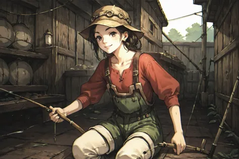 anime girl sitting on the ground with a fishing rod in her hand