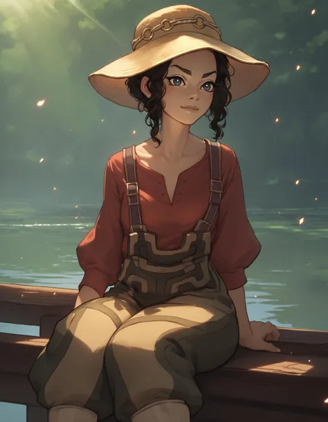 a woman sitting on a dock with a hat on