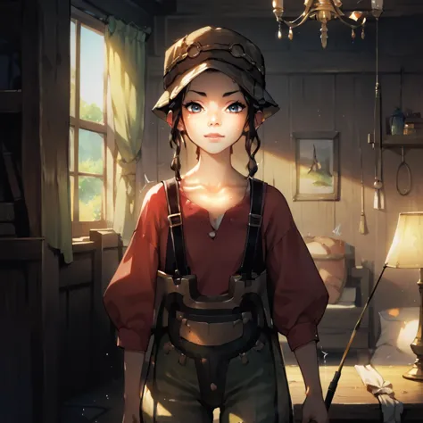 anime girl in a hat and overalls standing in a room