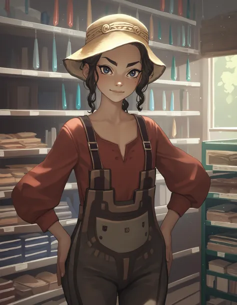 a woman in a hat standing in front of shelves of books