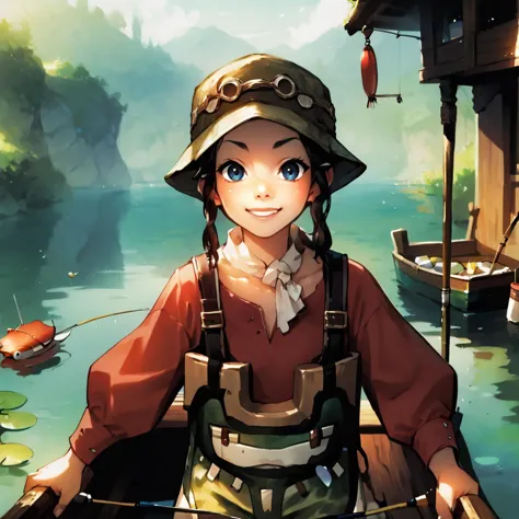 anime girl in a boat with a fishing pole and a hat