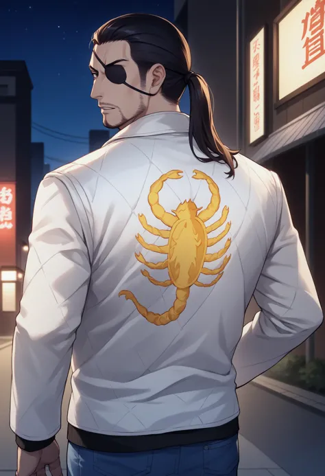 a close up of a person wearing a jacket with a scorpion on it