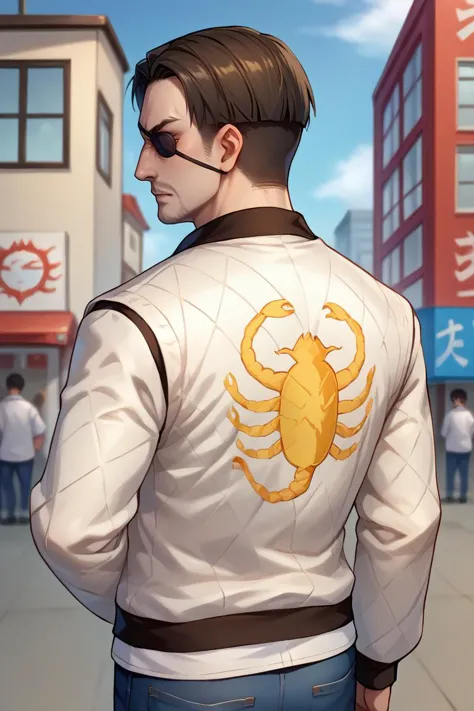 a close up of a person wearing a jacket with a scorpion on it