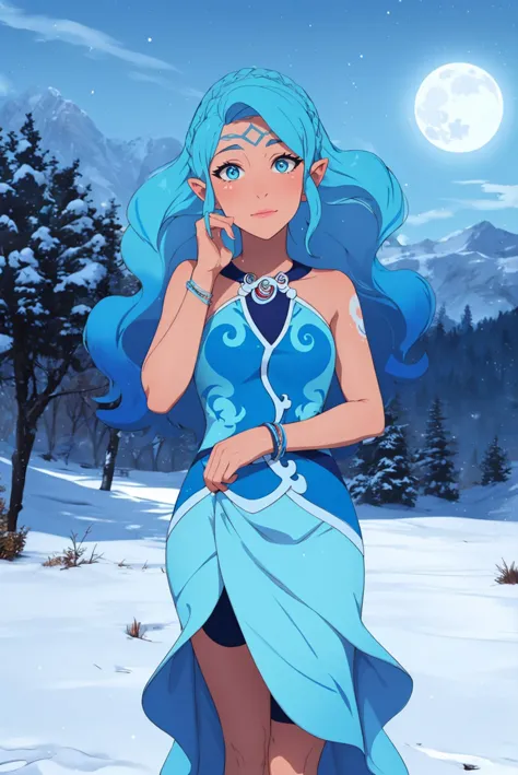 ((inverted colors)), 1girl, solo, masterpiece, best quality, <lora:Char_lese-NaidaRiverheart:0.75> naidariverheart,blue eyes,blue hair,gradient hair,tattoos, with a snow-covered landscape in the background, radiant full moon illuminating the scene,