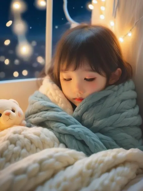 cute little girl sleeping comfortably on a bed, covered with a blanket, stuffed animal, string lights on the wall, window, cozy ...
