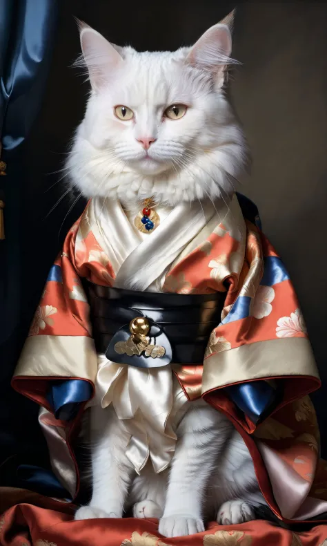 A cat is sitting in a kimono, in the style of renaissance - inspired chiaroscuro, hyper - realistic portraiture, nicolas mignard...