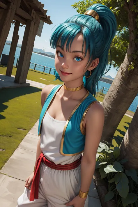 bulma, 1girl, solo, blue eyes, blue hair, aqua hair, bangs, hair, high ponytail, earrings,
arabian clothes, white shirt, blue ve...