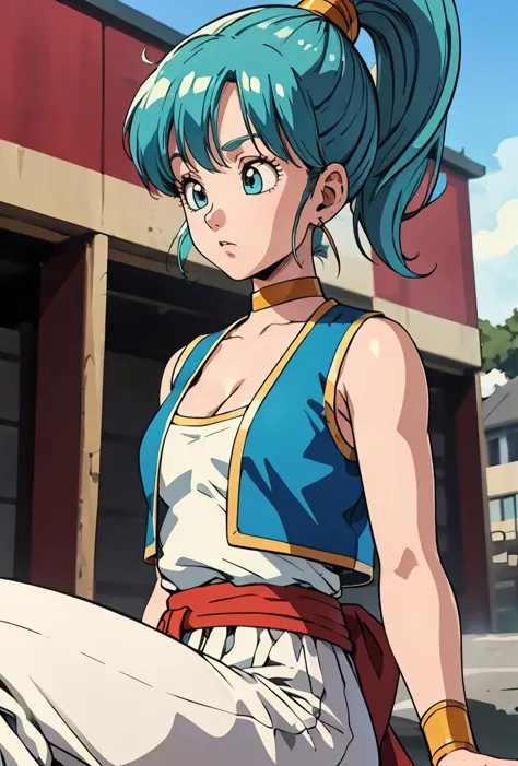 a close up of a person with a ponytail and a blue hair