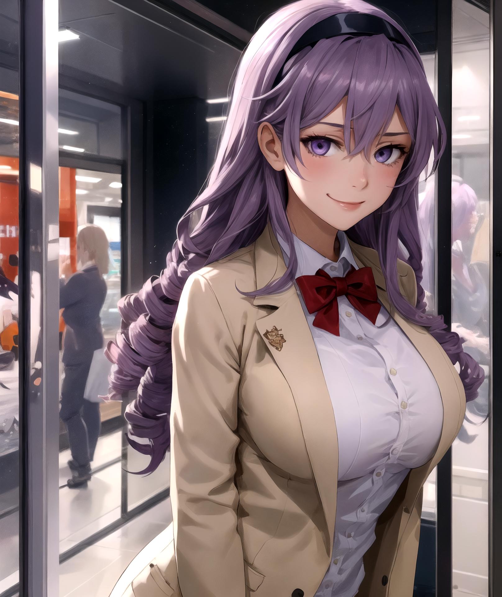 Anime girl with purple hair and a bow tie standing in a store - SeaArt AI