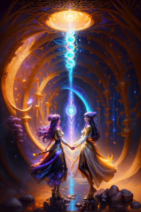 two women in long dresses standing in front of a portal with a light shining