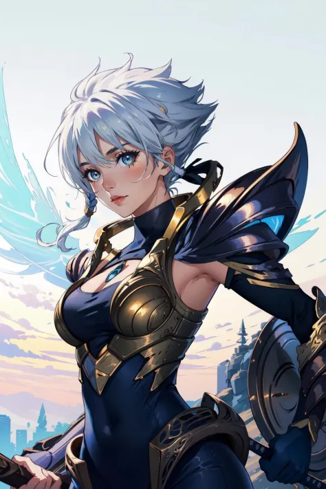 (masterpiece, best quality),  intricate details,
1girl,   dawnbringer riven, 1girl, bodysuit, armor, white hair, short hair,