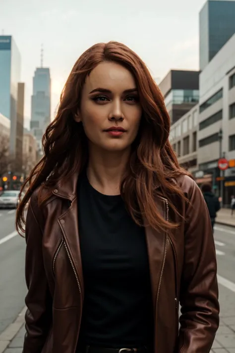 a woman in a brown jacket standing on a city street