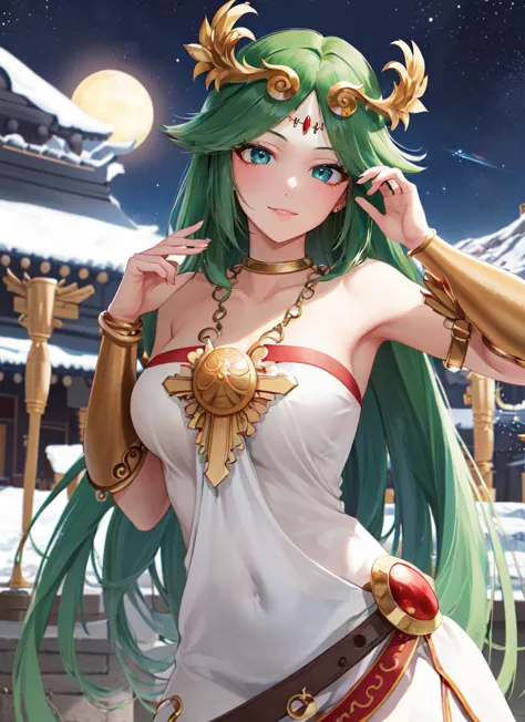 ((best quality)), ((highly detailed)), masterpiece, absurdres, detailed face, beautiful face, (detailed eyes, deep eyes), (1girl), dynamic pose, cowboy shot, <lora:palutena:1>, palutena, very long hair, green hair, (goddess), large breasts, smiling, white dress, strapless, necklace, jewelry, (in a temple, midnight, night sky, stars, crescent moon)