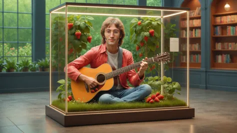 lifelike portrait of John Lennonplaying acoustic guitar, set against the backdrop of a lush strawberry field. Capture his iconic...