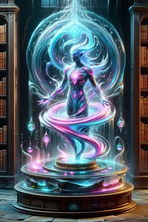 magic circle creating a round translucent arcane force field of a water elemental in a wizard alchemy lab with potions and books...