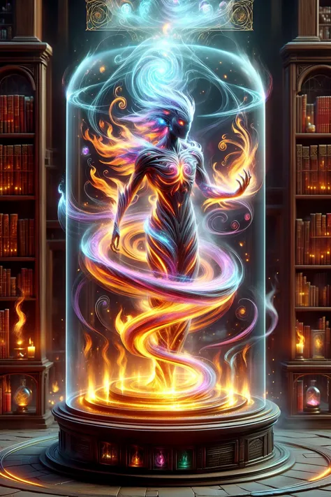 círculo mágico creando un campo de fuerza arcana translúcido redondo de un elemental de fuego en un laboratorio de alquimia de un mago con pociones y libros y una vitrina de objetos mágicos DonM3l3m3nt4lXL, (obra maestra:1.2), mejor calidad, (hiperdetallado, más detallado:1.2), texturas de alta resolución, 