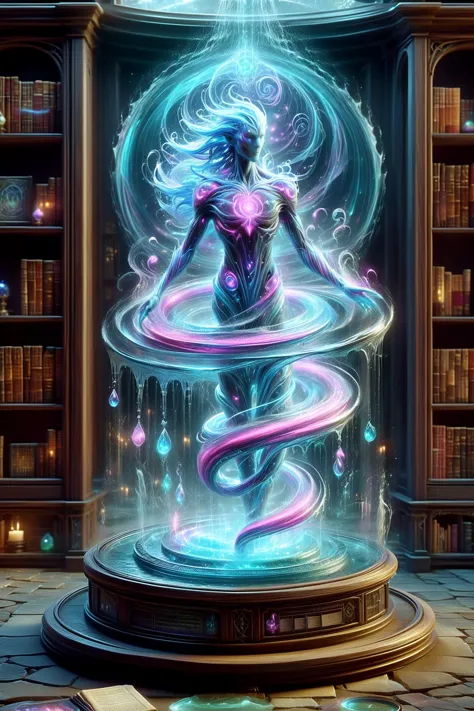 magic circle creating a round translucent arcane force field of a water elemental in a wizard alchemy lab with potions and books...