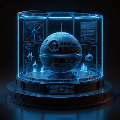 glowing blue 3d wireframe of the death star in a round display case, starwars <lora:DisplayCaseXL:0.6> <lora:EnvyScifiWireframeXL01:0.8>, (masterpiece:1.2), best quality, (hyperdetailed, highest detailed:1.2), high resolution textures, <lora:EnvyBetterHiresFixXL01:1>