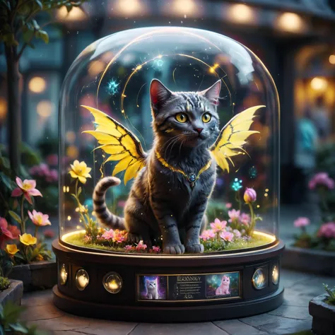 Primer plano de un animal de fantasía llamado "cat-bee"mirando al espectador,sorprendido,Medio gato,mitad abeja,florero brillante desenfocado,profundidad de campo,bokeh,brillante,iluminación,estuche de muestra,alas de abeja,rayas amarillas y negras, Alta resolución,detalle extremo