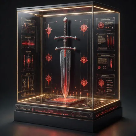 a glass case with a sword inside of it