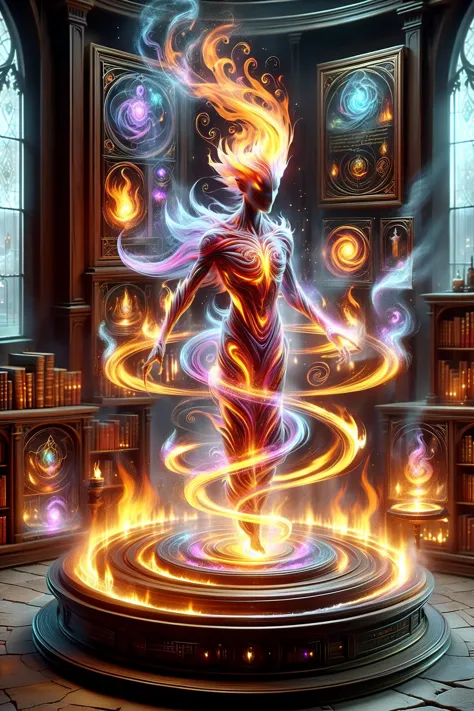 magic circle creating a round translucent arcane force field of a fire elemental in a wizard alchemy lab with potions and books ...